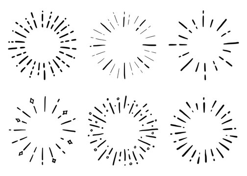 Hand drawn set of sunburst shine ray and sparkle. Doodle sketch style. Circle burst of sun, star. Vector illustration.