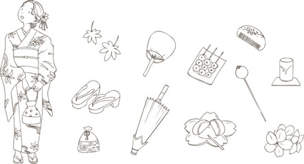 着物姿で観光する女性と小物の線画イラストセット