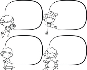 Vector illustration cartoon boy playing musical instruments, pulley, tennis, basketball, football, skating, scooter series	border card box speech bubble set
