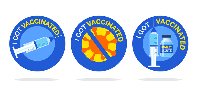 I got vaccinated covid-19, Vaccinated Label for print, Vaccination against coronavirus, Immunization Treatment, Bottles and Syringes, Health care Vector IllustratorEPS 10.