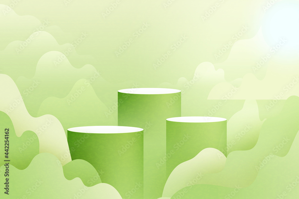 Poster 3d paper cut abstract minimal geometric shape template background.green cylinder podium on green nat