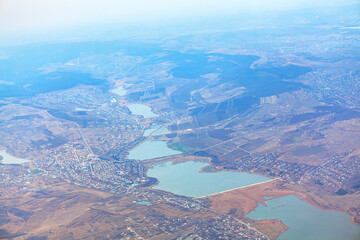 Aerial view of Danceni lake in Moldova . View from above of lakes in a row
