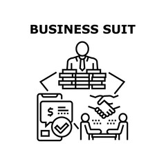 Business Suit Vector Icon Concept. Stylish Expensive Business Suit Buying Online And Payment With Smartphone Application. Elegant Businessman Costume For Meeting And Conference Black Illustration