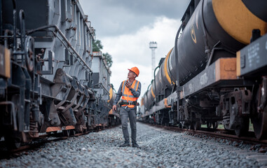 Engineer under inspection and checking construction process railway switch and checking work on railroad station .Engineer wearing safety uniform and safety helmet in work