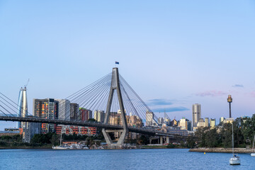 Sunset over Anzac Bridge and Sydney CBD, framed by the surrounding trees