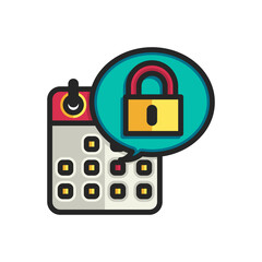 Calendar with padlock filled outline icons. Vector illustration. Editable stroke. Isolated icon suitable for web, infographics, interface and apps.