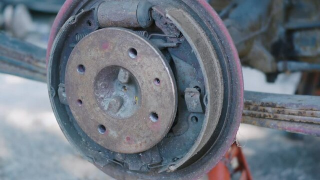 Rusted hulk wreck of drum brake mechanism partially, old metal abandoned car, It's time to repair