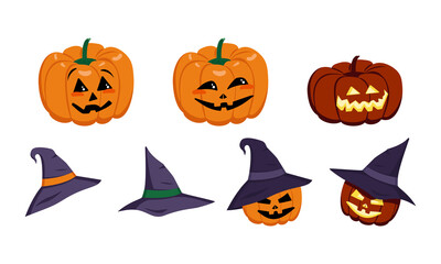Set of orange pumpkins with hat face, eyes and emotions. Halloween symbol, carved vegetable lantern. Design elements for festive decor