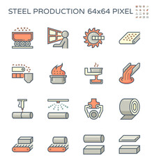 Steel production industry, manufacturing and metallurgy vector icon with mining and machine equipment i.e. production line, furnace, foundry. Include process of smelting, casting and making product.