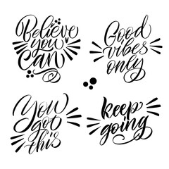 Good Vibes and positive thoughts letterings and other elements. Great lettering and calligraphy for greeting cards, stickers, banners, prints and home interior decor. Isolated vector