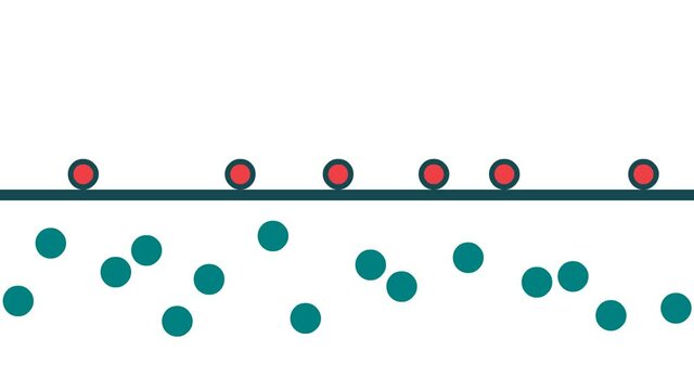 Animation of movement of particles through a barrier or filter. White, transparent background with alpha channel. Screening, rejection of stream elements. Filtration, sorting of particles, information