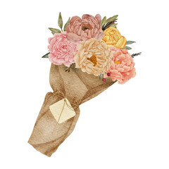 Peony flower bouquet with paper wrap watercolor illustration