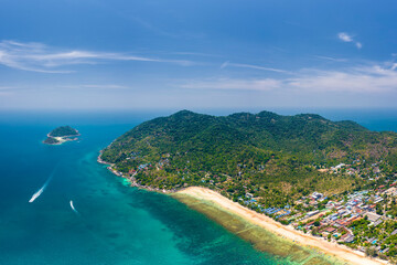 View of Koh Tao Thailand with copy space and no people South East Asia Drone Aerial UAV