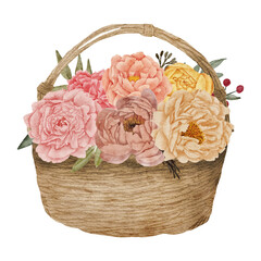 Fototapeta na wymiar peony flower arrangement on a basket watercolor illustration