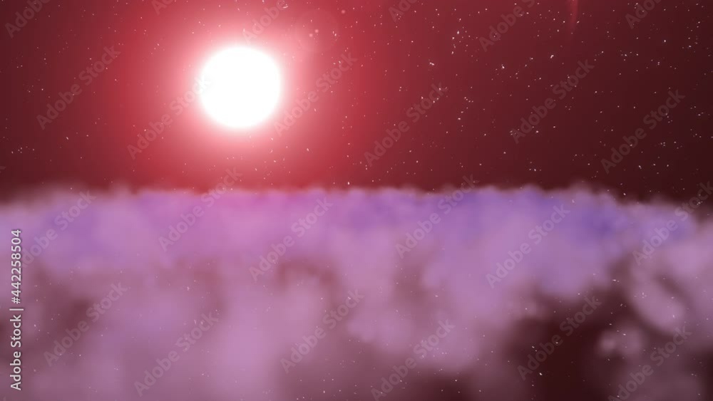 Wall mural video of flyby. camera moves towards a glowing heavenly objects seen at a distance while clouds flyb