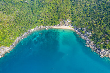 Clean Clear Blue Ocean Sea Water with rocks beach no people copy space paradise tropical island beautiful Koh Tao Thailand drone ariel aerial uav
