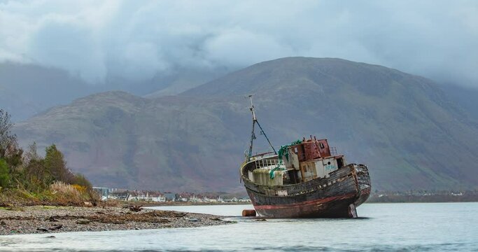 Scotish Highlands Time Lapse Corpach Wreck mv Dayspring Clip 2 NB: Photographer in shot. Scotland.