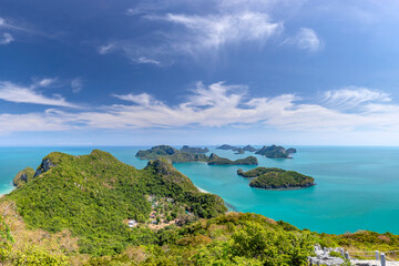 Fototapeta na wymiar Angthong National Marine Park, Thailand islands natural background sea land beach sky water ocean Gulf of Thailand no people copy space yachting yacht sail boat sailing adventure escape drone aerial