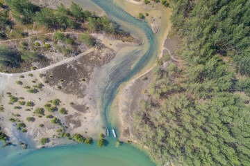 Natural Waterway and jungle mangroves blue and green water uav drone aerial high birds eye view top down no people