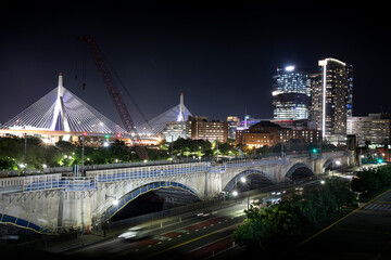 Fototapeta na wymiar Boston Cityscape with Zakim Bridge at Night