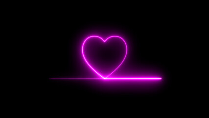 Colorful abstract heart line neon blazing symbol sign on black background. Heart beat neon line glowing moving motion. 
