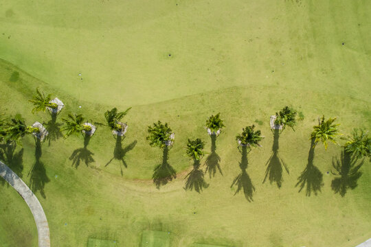 Golf Course Birds Eye View Of Fairway Golfing Green Sand Pits Lawn Road House  Path No People Copy Space