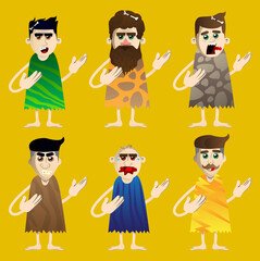 Cartoon prehistoric man showing something with both hands, powerful hand gesture. Vector illustration of a man from the stone age.