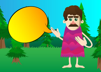 Cartoon prehistoric man showing something with both hands, powerful hand gesture. Vector illustration of a man from the stone age.