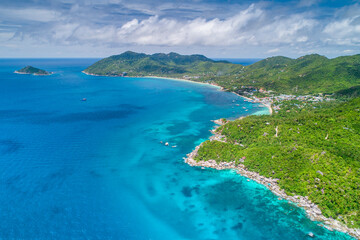 Fototapeta na wymiar Koh Tao Island Ko Tao Island Thailand Drone Aerial Shot with Copy Space blue green turquoise landscape panorama
