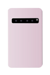 Pink smartphone with four cameras and flash isolated on white background.