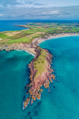 Gateholm Island at Marloes Beach, Pembrokeshire, Wales, drone aerial shot with copy space