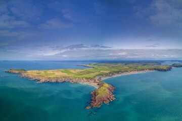 Gateholm Island at Marloes Beach, Pembrokeshire, Wales, drone aerial shot with copy space