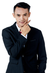 Young attractive asian business man wearing black suit with white shirt and necktie smiling and looking confident on white background isolated