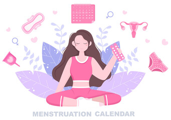 Menstruation Period Calendar Women To Check Date Cycle. Illustration of Reproductive Organs Female, Sanitary Napkin and Medicine