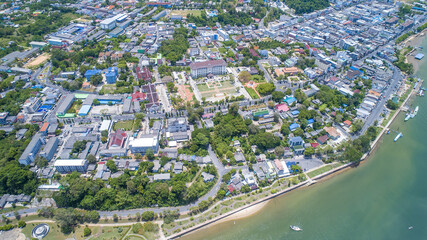 Krabi Town Thailand drone aerial ariel view of Pak Nam Krabi and Andaman Sea Panoramic Panorama Copy Space No People Mountains Limestone Drone Aerial Ariel UAV