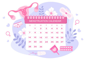 Menstruation Period Calendar Women To Check Date Cycle. Illustration of Reproductive Organs Female, Sanitary Napkin and Medicine