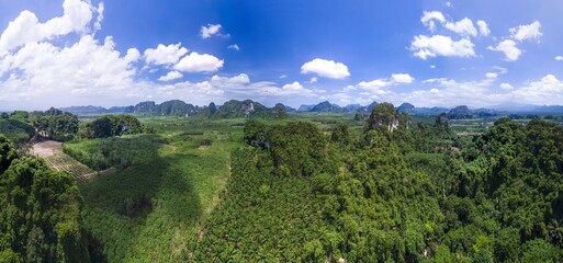 Krabi Town Thailand drone aerial ariel view of Pak Nam Krabi and Andaman Sea Panoramic Panorama Copy Space No People Mountains Limestone