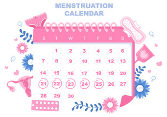 Menstruation Period Calendar Women To Check Date Cycle. Illustration of Reproductive Organs Female, Sanitary Napkin and Medicine
