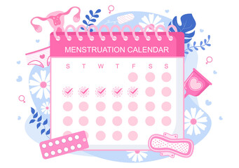 Menstruation Period Calendar Women To Check Date Cycle. Illustration of Reproductive Organs Female, Sanitary Napkin and Medicine