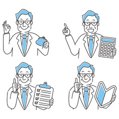 線画人物アイコン　中年ビジネスマン　アイテム持って4ポーズセット
