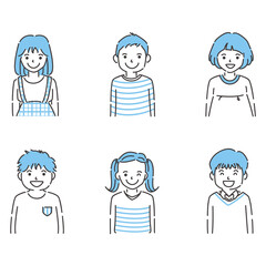 線画人物アイコン　男の子女の子 上半身6人