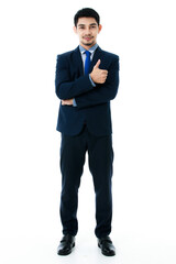 Portrait of cheerful young Asian businessman gives thumb up to the side blank space isolated on white background. Studio shot, business and success concept