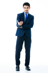 Portrait of friendly young Asian businessman extend right hand to invite people on isolated white background. Studio shot, business, togetherness, and success concept.