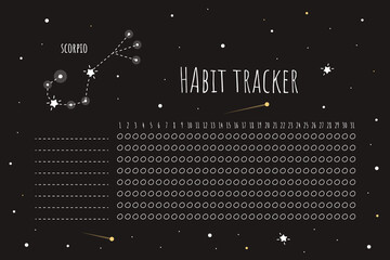 Habit tracker template with scorpio sign in flat design