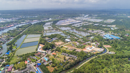Obraz premium Pak Naam in Chumphon Thailand Drone Aerial UAV shot with skies and sea landscape with copy space