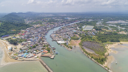 Obraz premium Pak Naam in Chumphon Thailand Drone Aerial UAV shot with skies and sea landscape with copy space