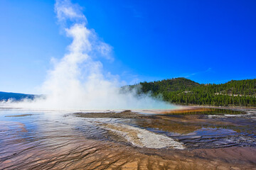 Old Faithful Geyser Eruption, Wonderful natural landscape. Yellowstone National Park is famous for its rich wildlife species and geothermal resources.