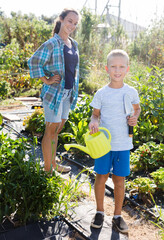 Cheerful boy helps to water vegetables in the garden. High quality photo