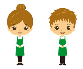 手を前で組み接客するレストラン、カフェ店員