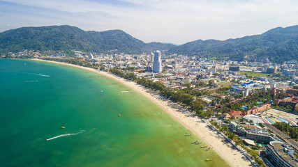 Fototapeta premium Patong Beach, Thailand Aerial Drone UAV landscape with copy space sunny weather